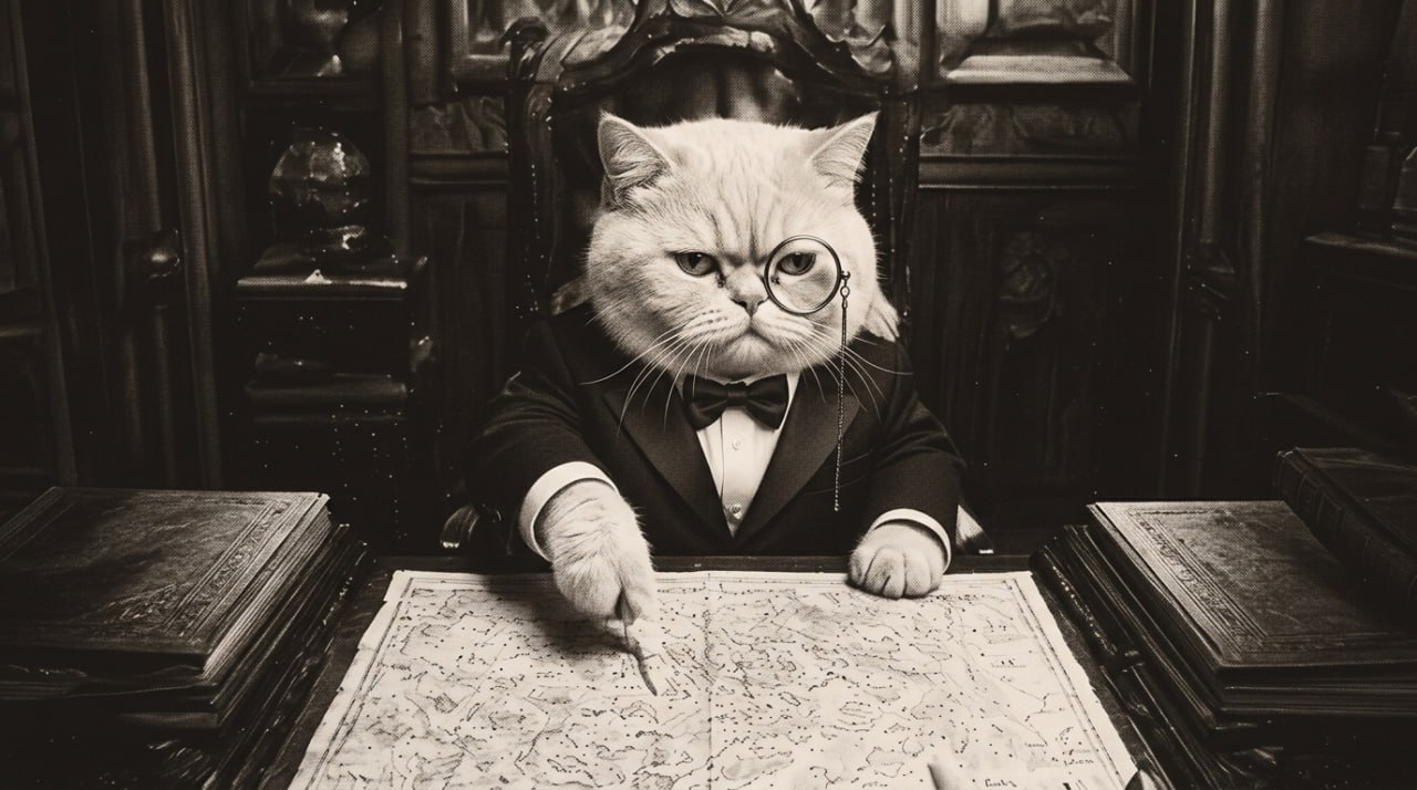 The Chairman — a monocled cat in a tuxedo studying the map