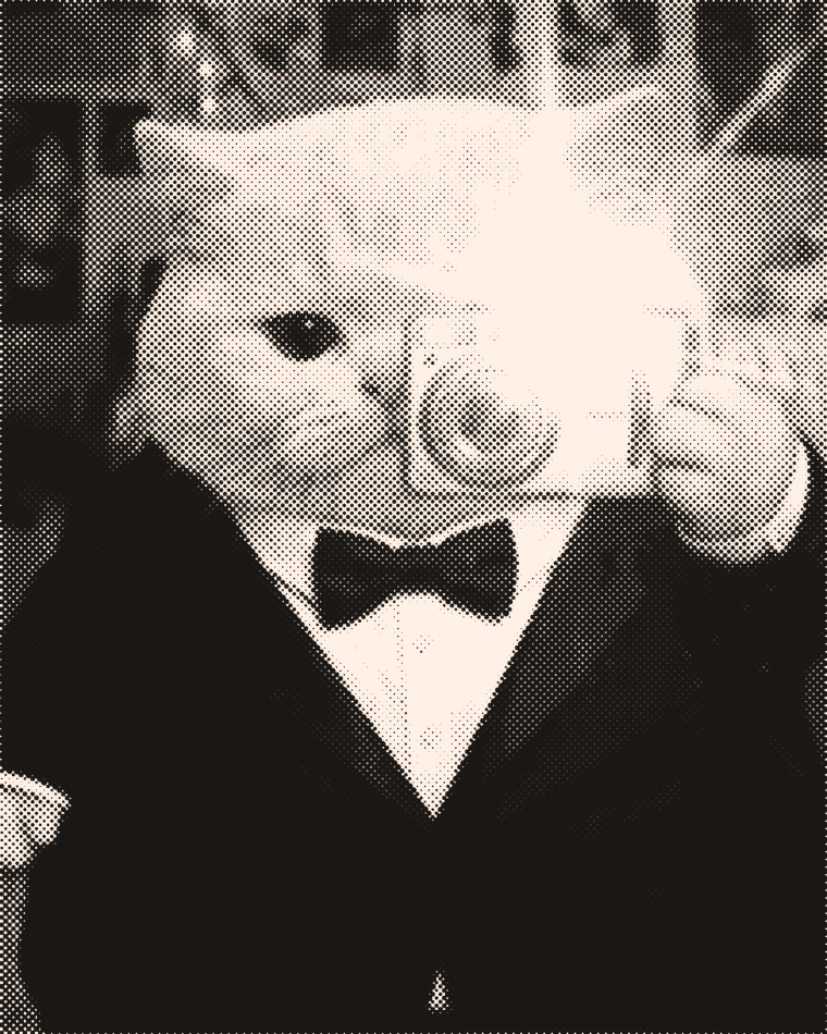 Halftone photograph of a fat cat in a black tuxedo and bow tie, raising a compact camera and firing the flash.